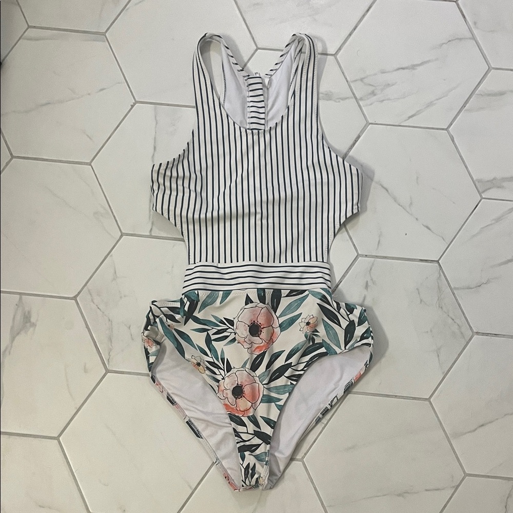 Cupshe Floral, Cream and Green Striped Swimsuit